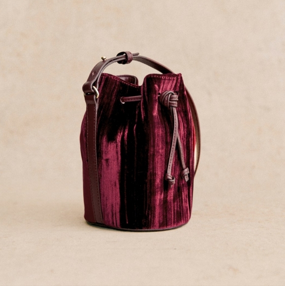 Sezane Farrow Burgundy Velvet Micro Bucket Bag - Picture 4 of 6